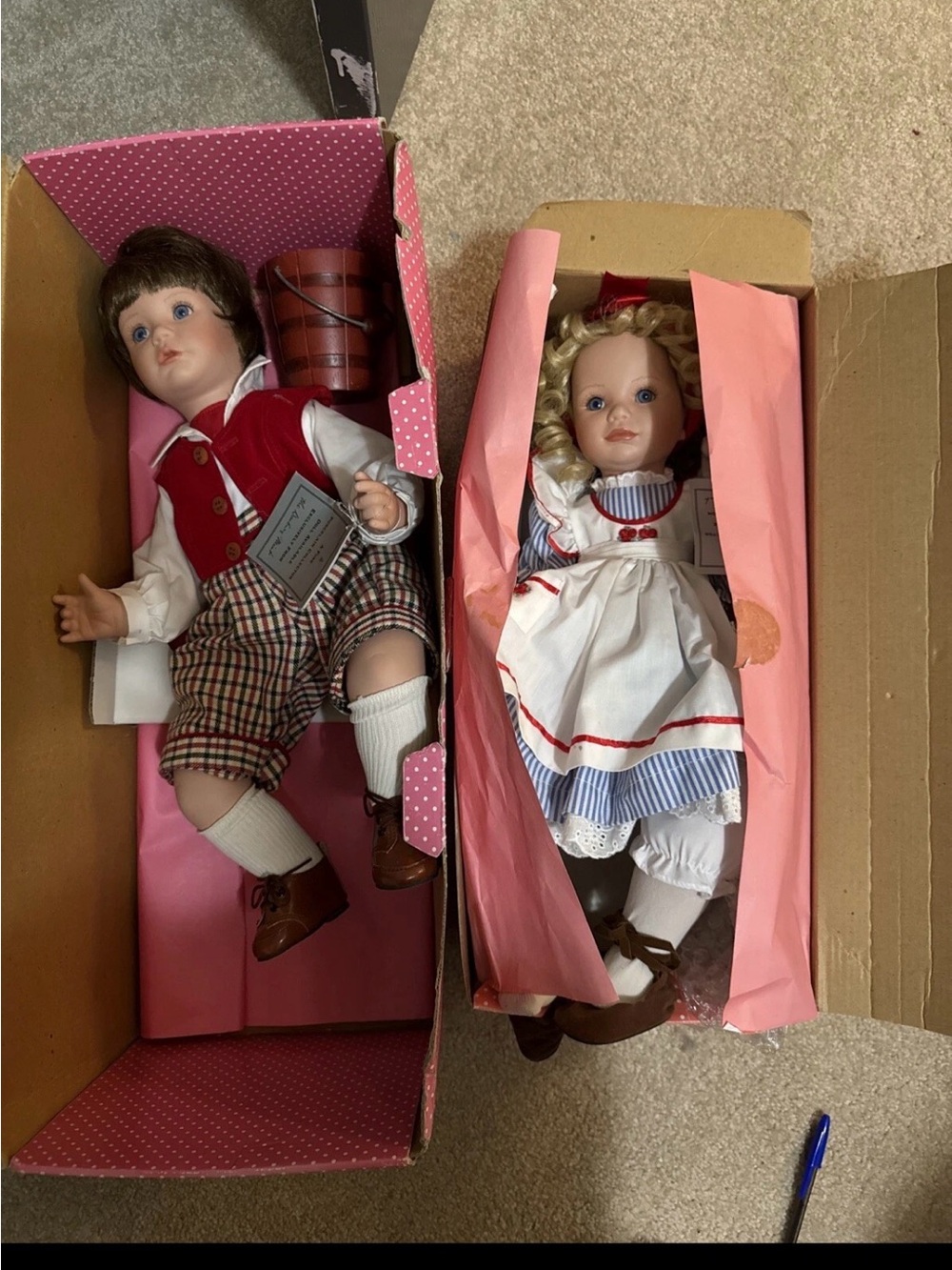 Source Unknown Red & White Porcelain Doll Pair with Plaid Accents